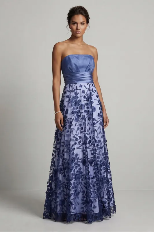Strapless A Line Navy Floral Mother Of the Bride Dress made by Zapaka