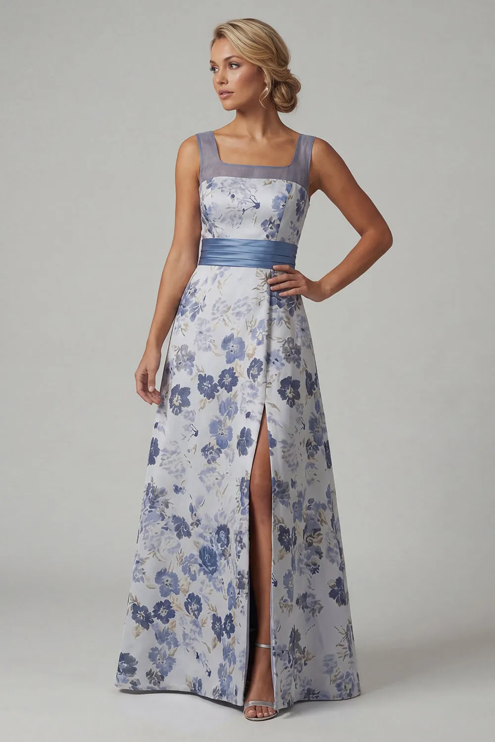 Square Neck A Line Dusty Blue Floral Mother Of Bride Dress sold by Zapaka product image thumbnail 3