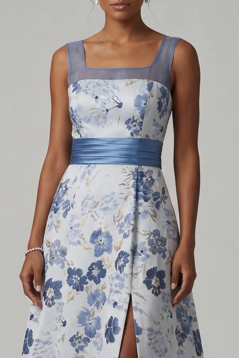Square Neck A Line Dusty Blue Floral Mother Of Bride Dress sold by Zapaka product image thumbnail 4