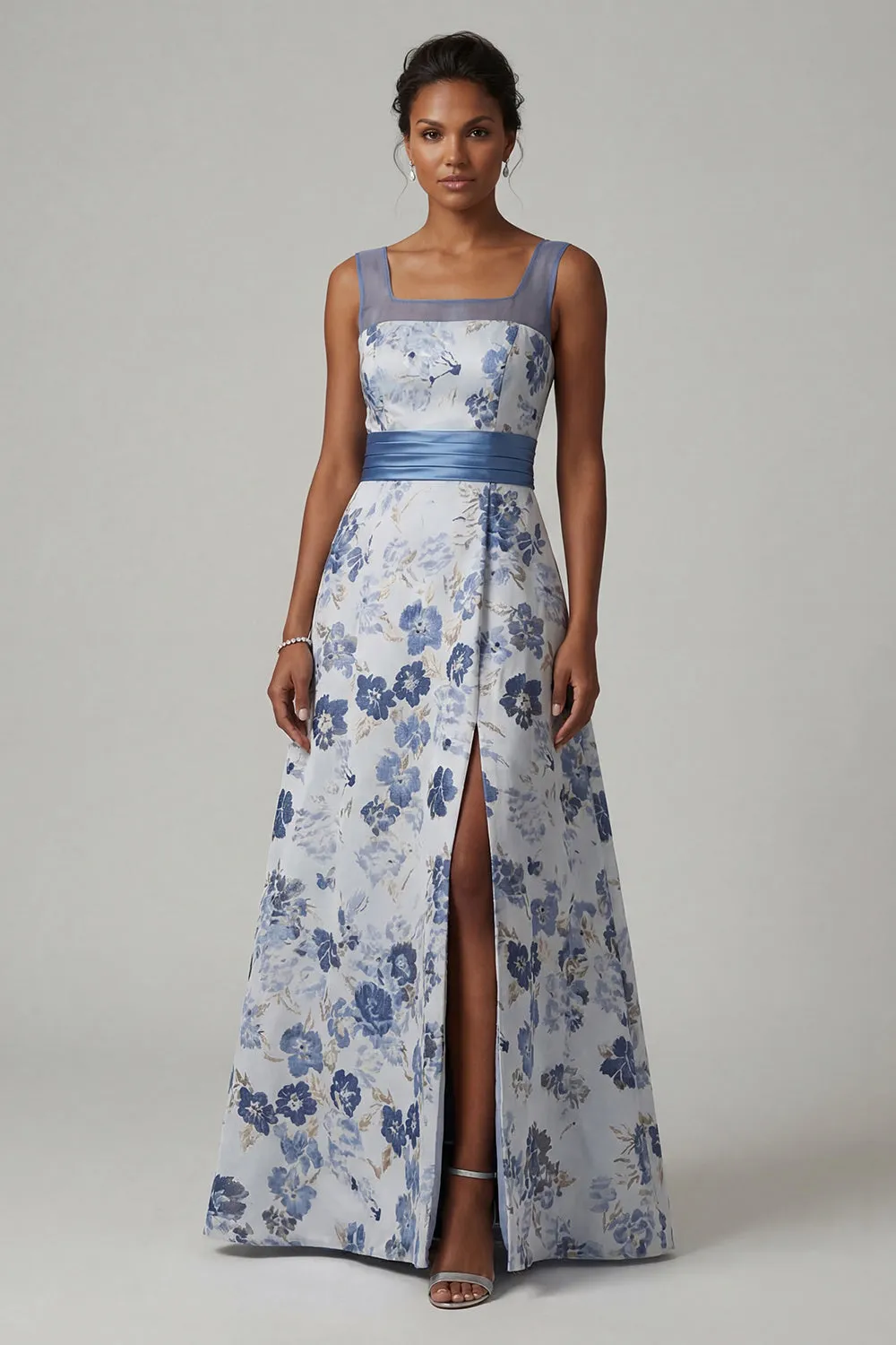 Square Neck A Line Dusty Blue Floral Mother Of Bride Dress sold by Zapaka