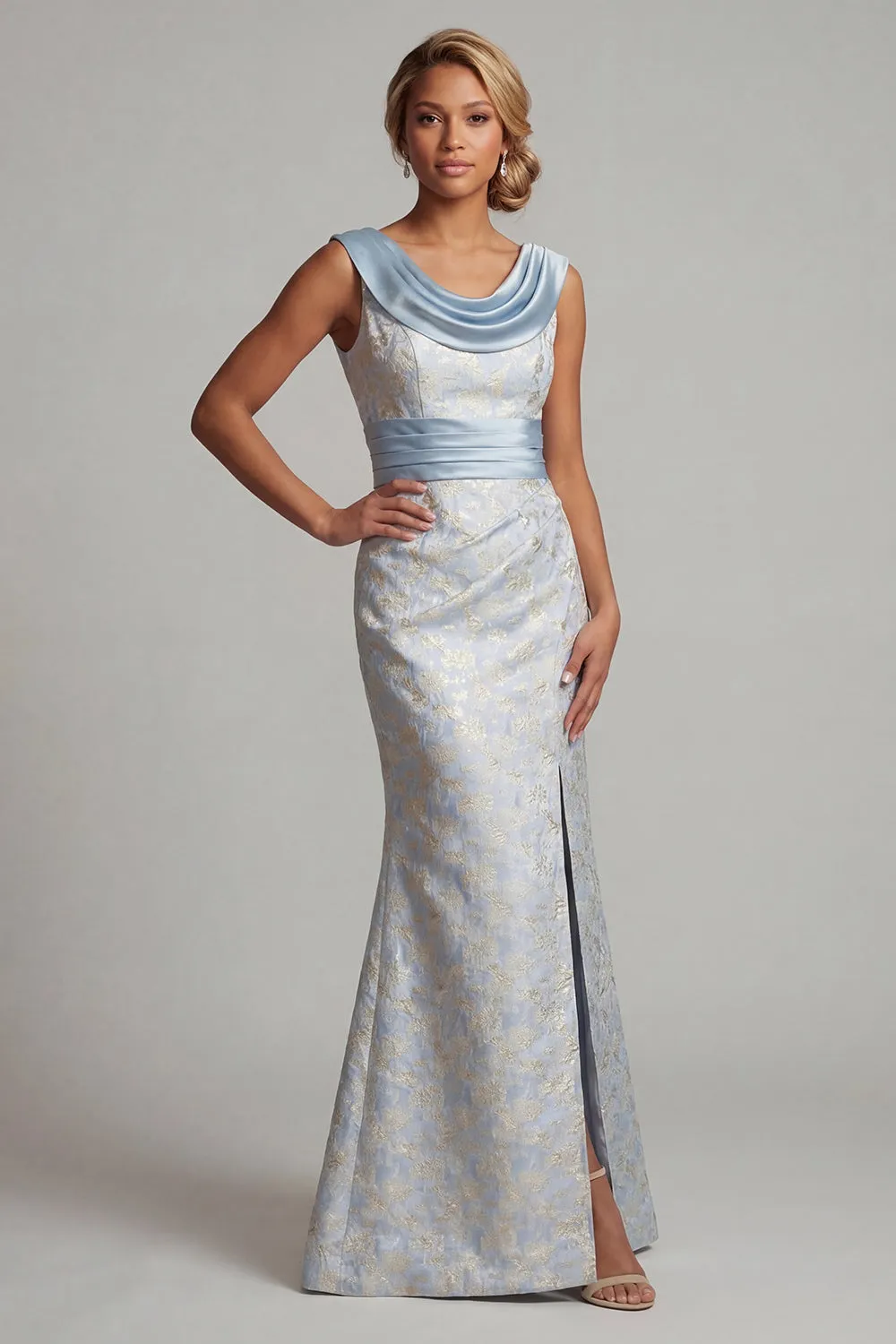 Cowl Neck Mermaid Light Blue Brocade Mother Of Bride Dress sold by Zapaka product image thumbnail 3