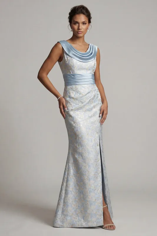 Cowl Neck Mermaid Light Blue Brocade Mother Of Bride Dress made by Zapaka