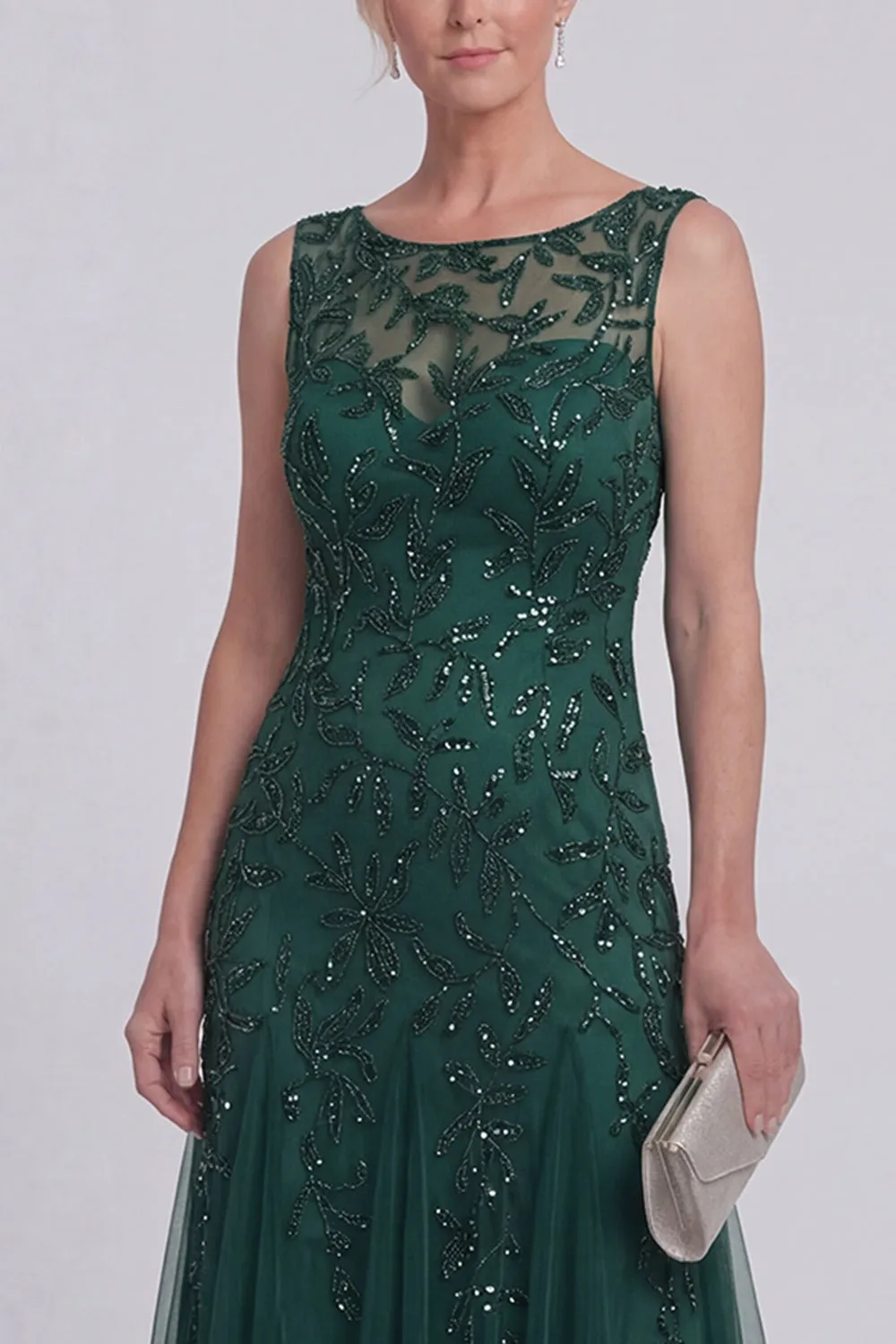 Dark Green Floral A Line Beaded Boat Neck Long Mother of The Bride Dress sold by Zapaka product image thumbnail 3