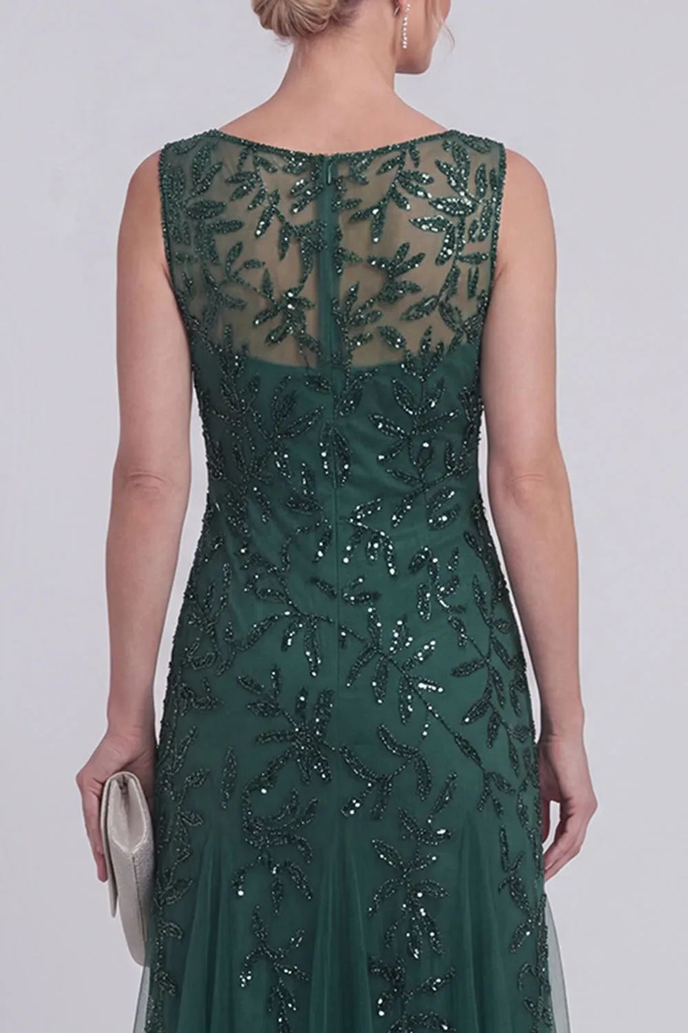 Dark Green Floral A Line Beaded Boat Neck Long Mother of The Bride Dress sold by Zapaka product image thumbnail 4
