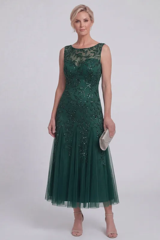 Dark Green Floral A Line Beaded Boat Neck Long Mother of The Bride Dress made by Zapaka