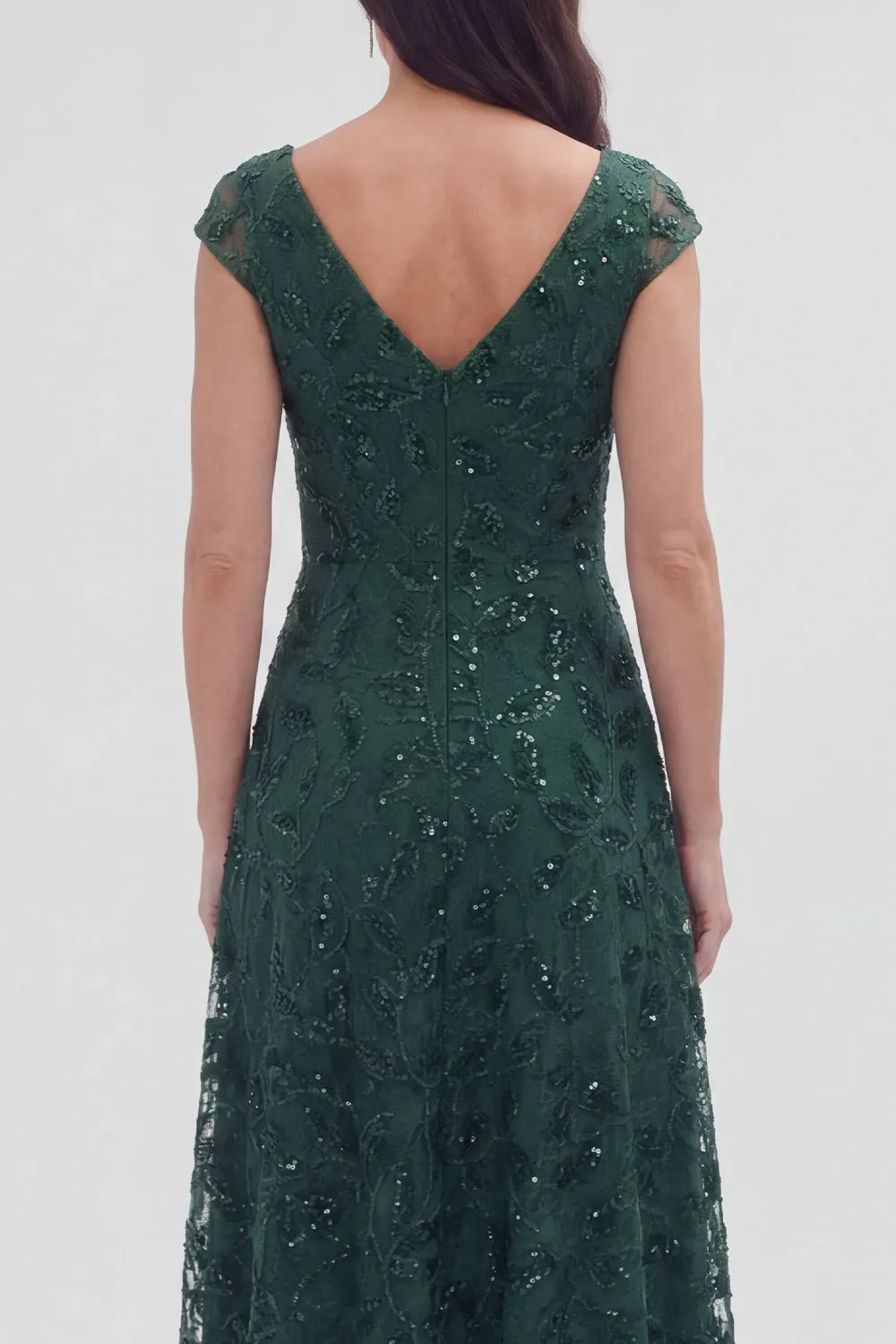 Dark Green Floral V-Neck A Line Cap Sleeves Long Mother of The Bride Dress sold by Zapaka product image thumbnail 4