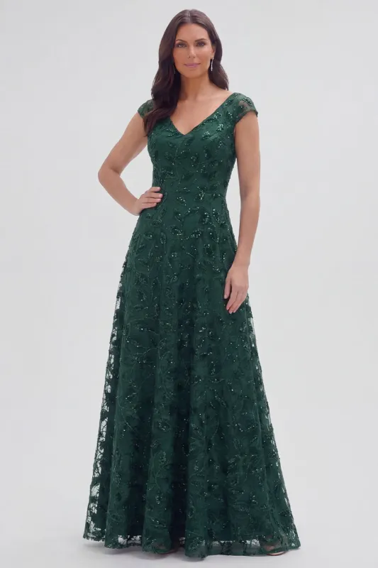 Dark Green Floral V-Neck A Line Cap Sleeves Long Mother of The Bride Dress made by Zapaka