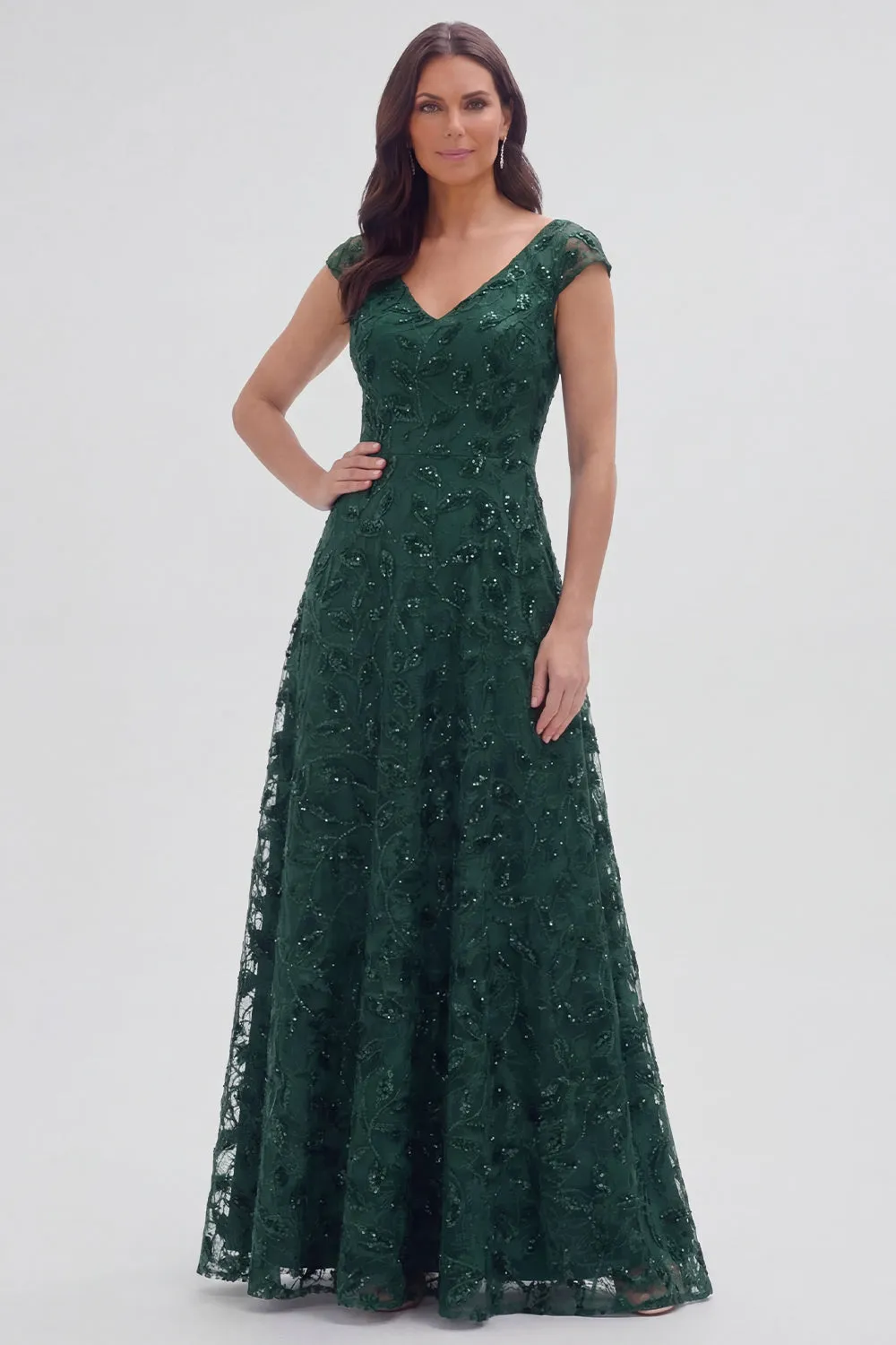 Dark Green Floral V-Neck A Line Cap Sleeves Long Mother of The Bride Dress sold by Zapaka