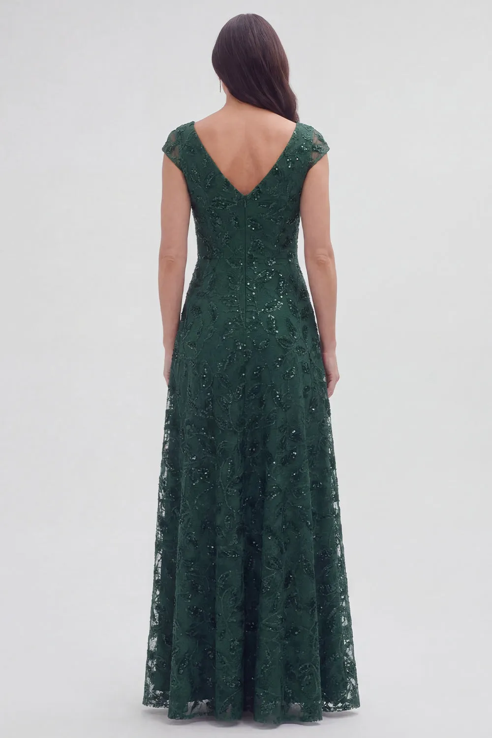 Dark Green Floral V-Neck A Line Cap Sleeves Long Mother of The Bride Dress sold by Zapaka product image thumbnail 2