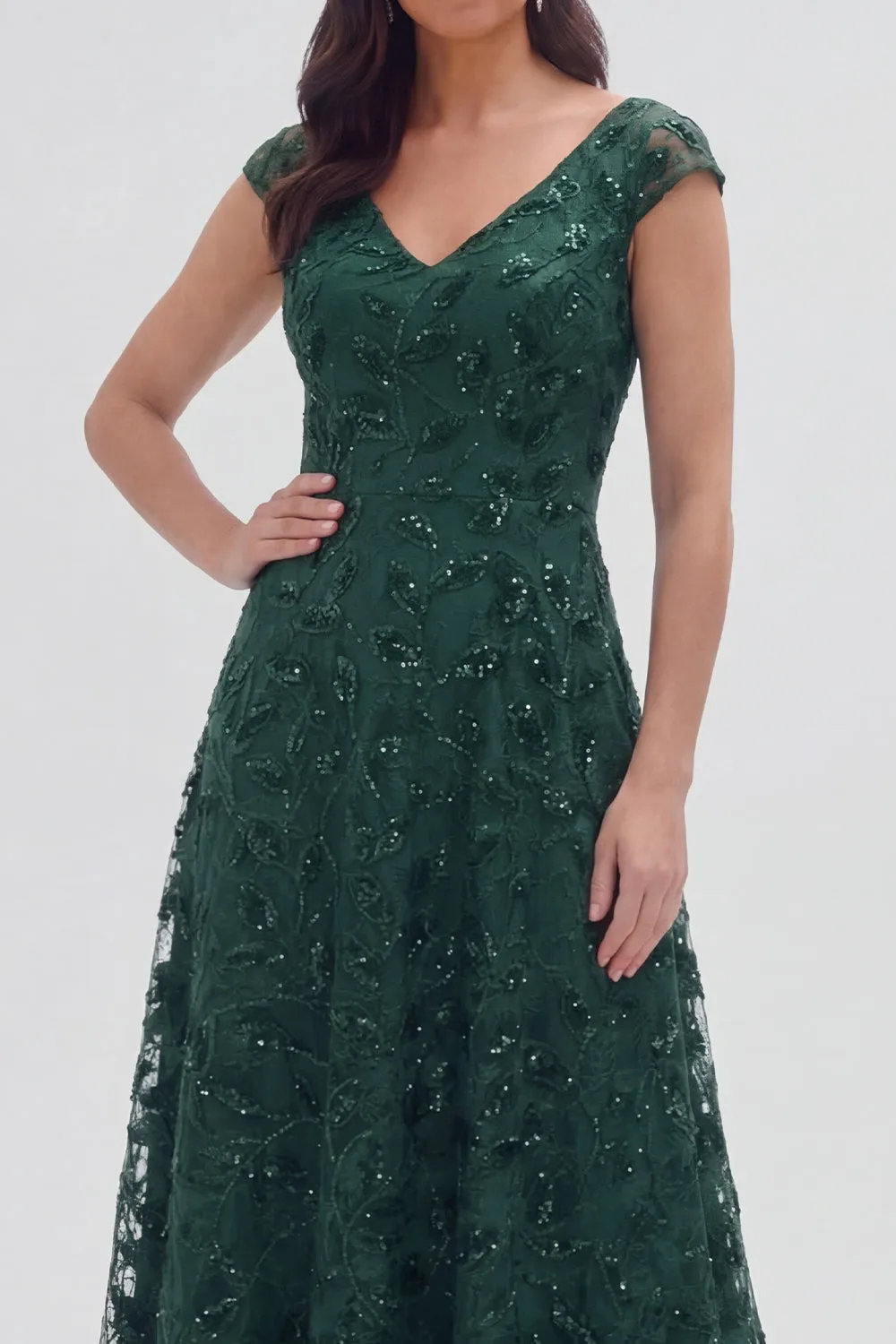 Dark Green Floral V-Neck A Line Cap Sleeves Long Mother of The Bride Dress sold by Zapaka product image thumbnail 3