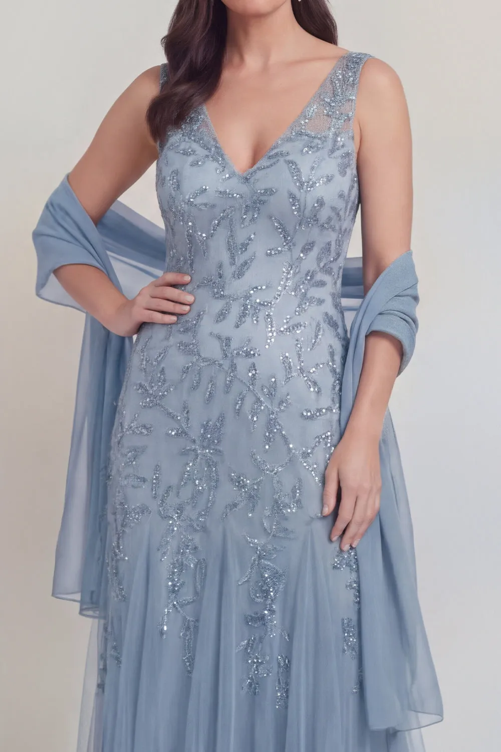 Grey Blue Floral V-Neck A Line Tulle Long Mother of The Bride Dress sold by Zapaka product image thumbnail 4