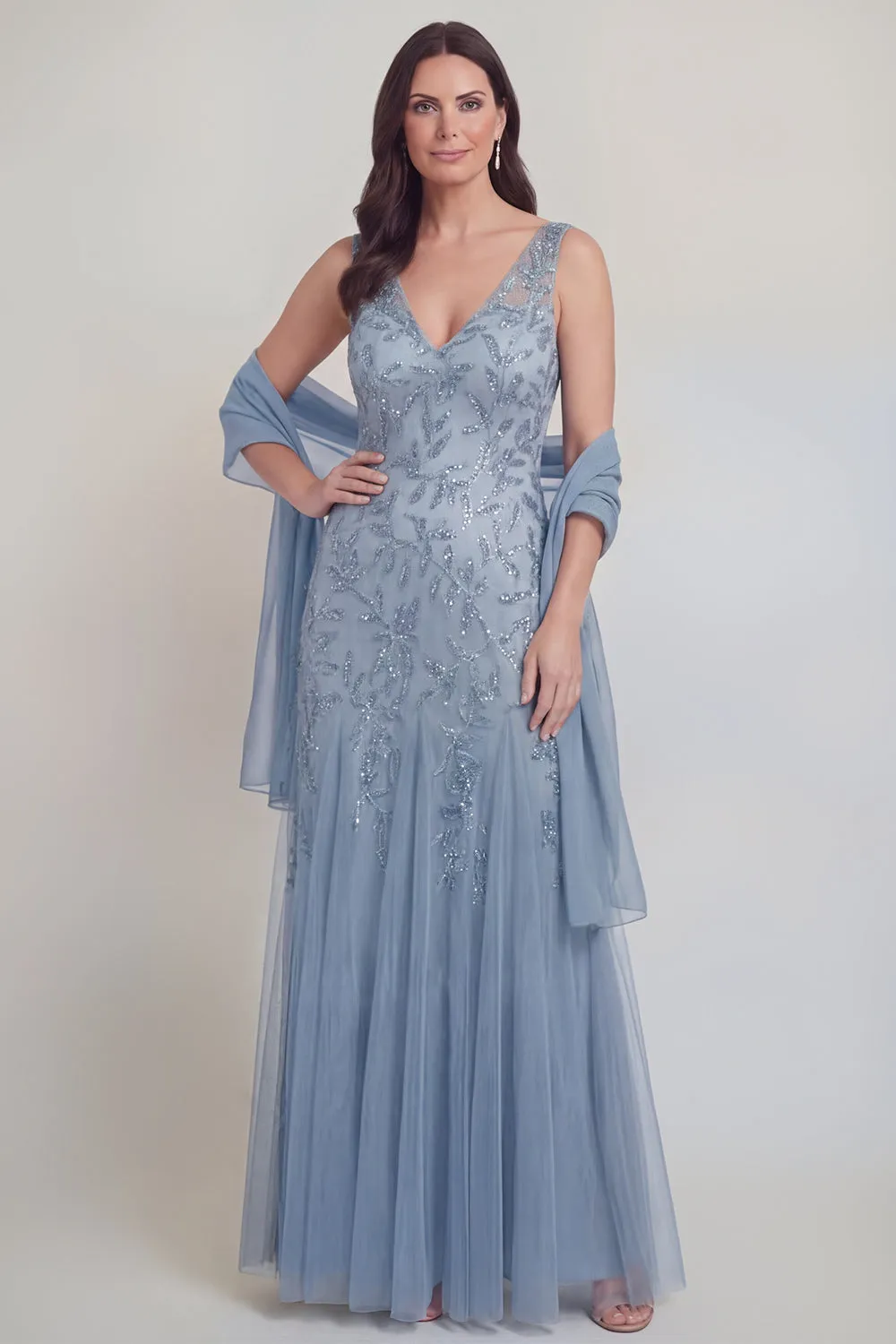 Grey Blue Floral V-Neck A Line Tulle Long Mother of The Bride Dress sold by Zapaka