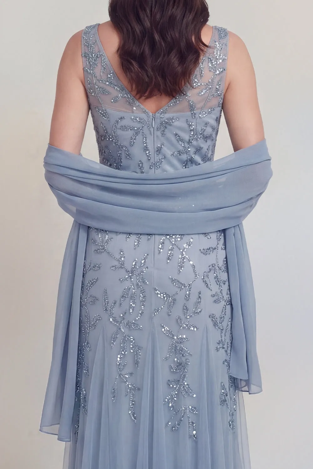 Grey Blue Floral V-Neck A Line Tulle Long Mother of The Bride Dress sold by Zapaka product image thumbnail 5