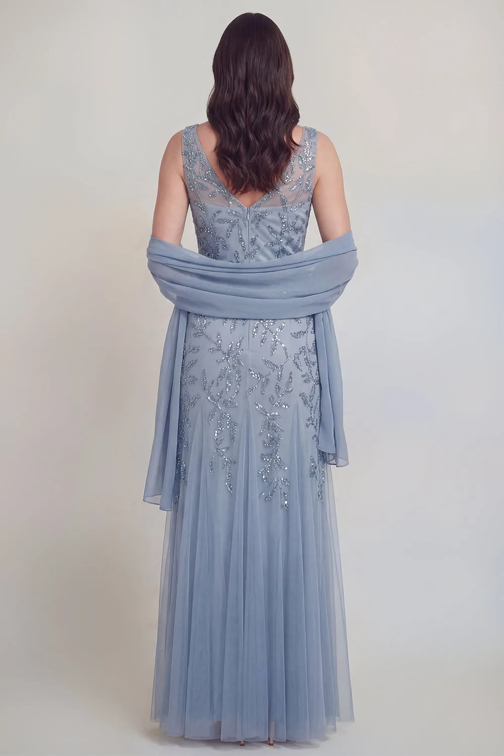 Grey Blue Floral V-Neck A Line Tulle Long Mother of The Bride Dress sold by Zapaka product image thumbnail 2
