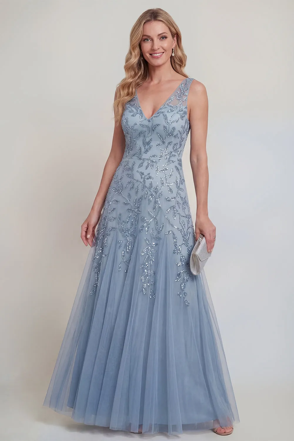 Grey Blue Floral V-Neck A Line Tulle Long Mother of The Bride Dress sold by Zapaka product image thumbnail 3