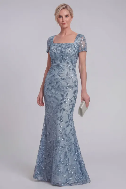 Grey Blue Floral Lace Mermaid Sequins Long Mother of The Bride Dress with Sleeves made by Zapaka