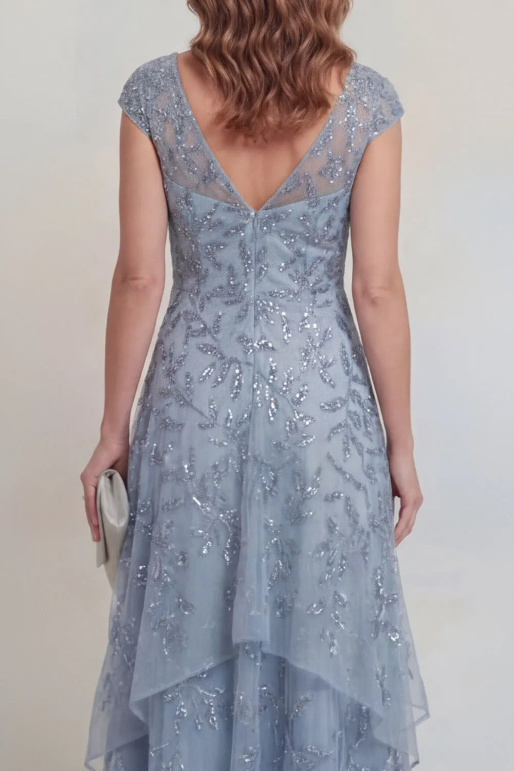 Grey Blue Lace Floral A Line Sequins Tiered Long Mother of The Bride Dress with Sleeves sold by Zapaka product image thumbnail 4