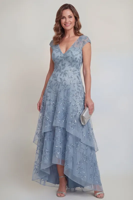 Grey Blue Lace Floral A Line Sequins Tiered Long Mother of The Bride Dress with Sleeves made by Zapaka