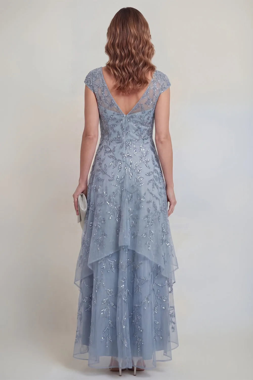Grey Blue Lace Floral A Line Sequins Tiered Long Mother of The Bride Dress with Sleeves sold by Zapaka product image thumbnail 2