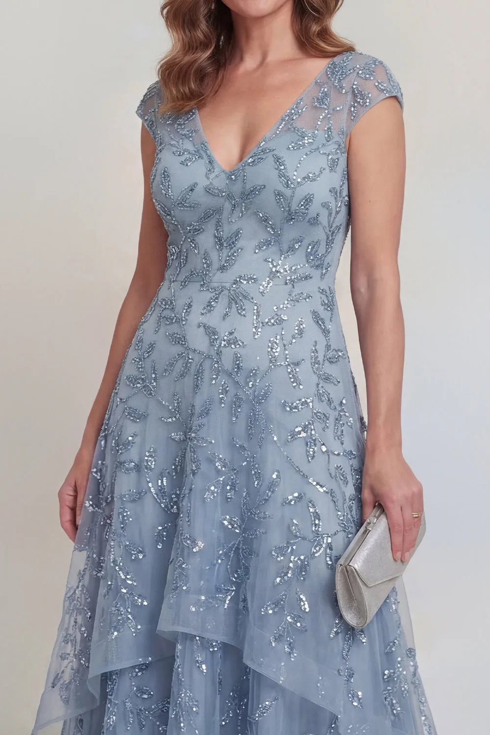 Grey Blue Lace Floral A Line Sequins Tiered Long Mother of The Bride Dress with Sleeves sold by Zapaka product image thumbnail 3