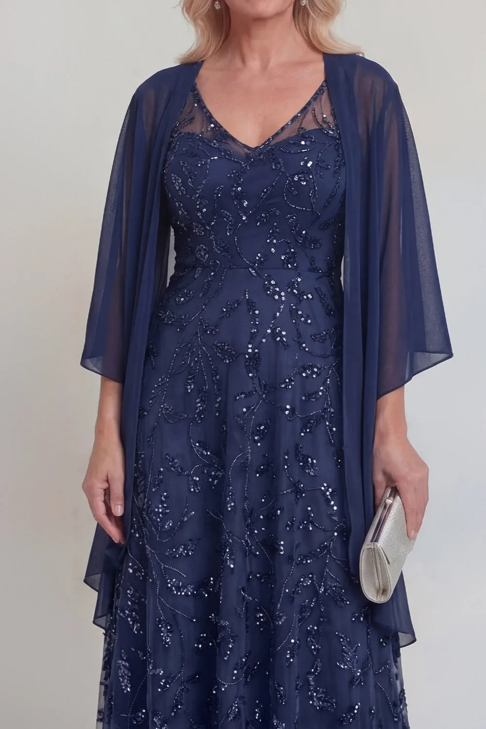 Navy Lace Floral A Line Sequins Long Mother of The Bride Dress with Jacket sold by Zapaka product image thumbnail 3