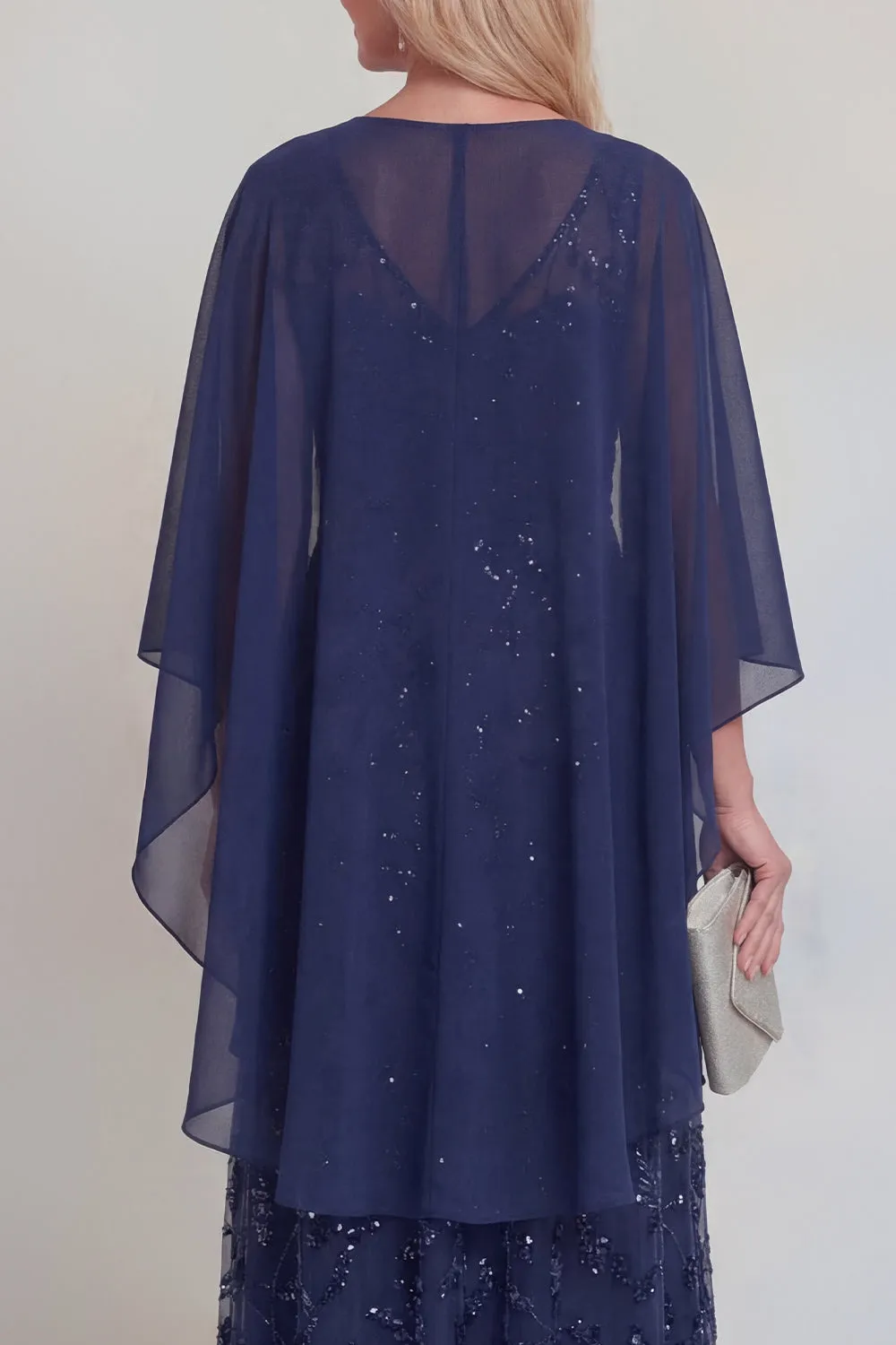 Navy Lace Floral A Line Sequins Long Mother of The Bride Dress with Jacket sold by Zapaka product image thumbnail 4