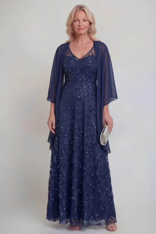 Navy Lace Floral A Line Sequins Long Mother of The Bride Dress with Jacket made by Zapaka