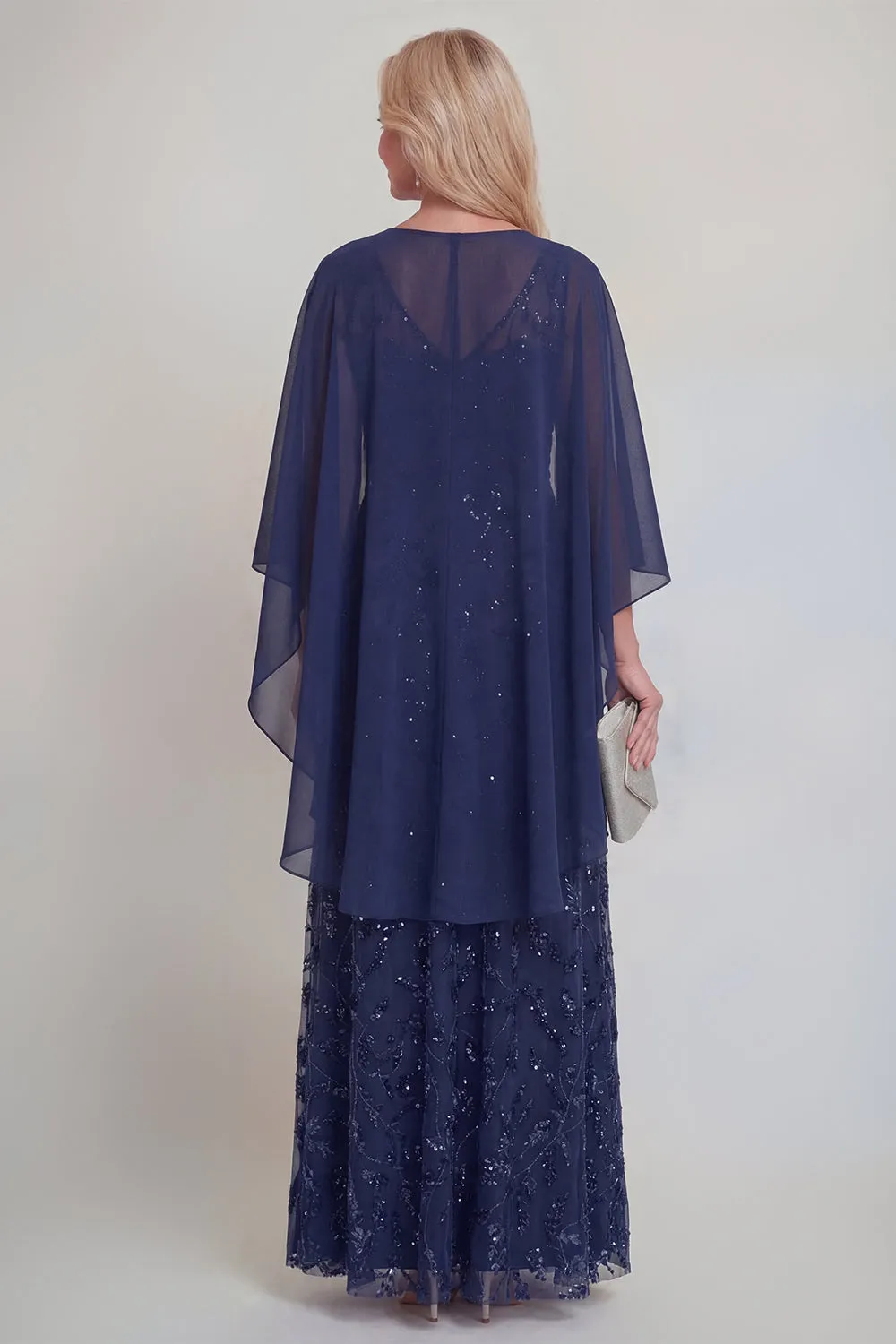 Navy Lace Floral A Line Sequins Long Mother of The Bride Dress with Jacket sold by Zapaka product image thumbnail 2