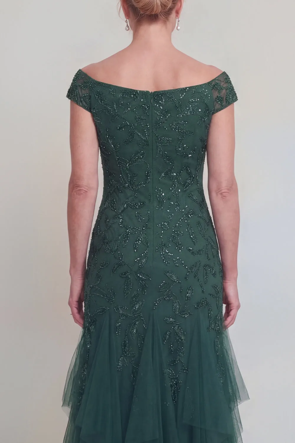Dark Green Tulle Ruffled V-Neck Long Mother of The Bride Dress with Sleeves sold by Zapaka product image thumbnail 4