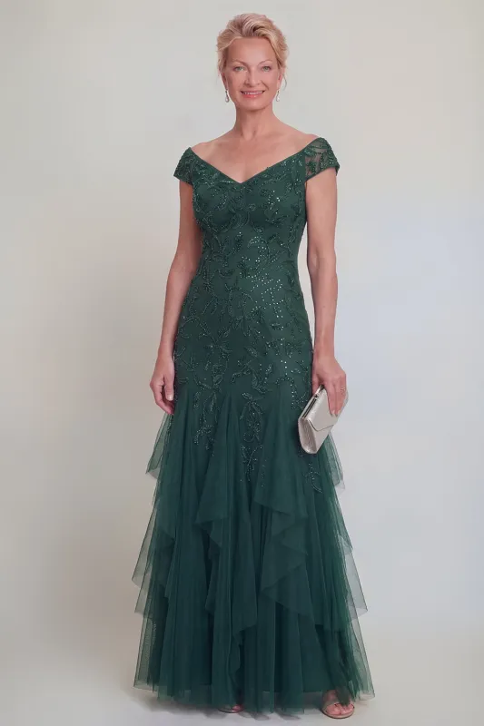Dark Green Tulle Ruffled V-Neck Long Mother of The Bride Dress with Sleeves made by Zapaka