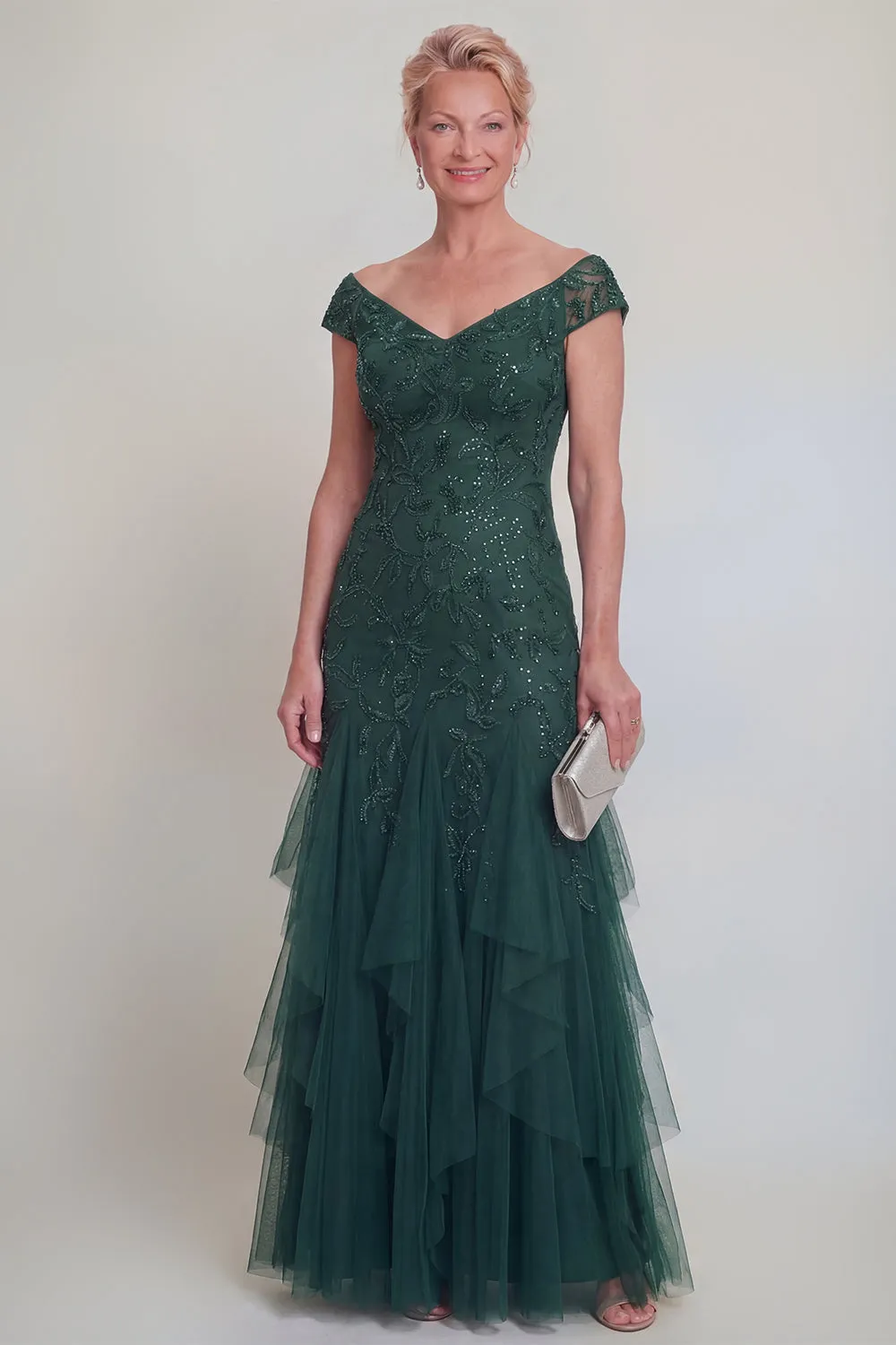 Dark Green Tulle Ruffled V-Neck Long Mother of The Bride Dress with Sleeves sold by Zapaka