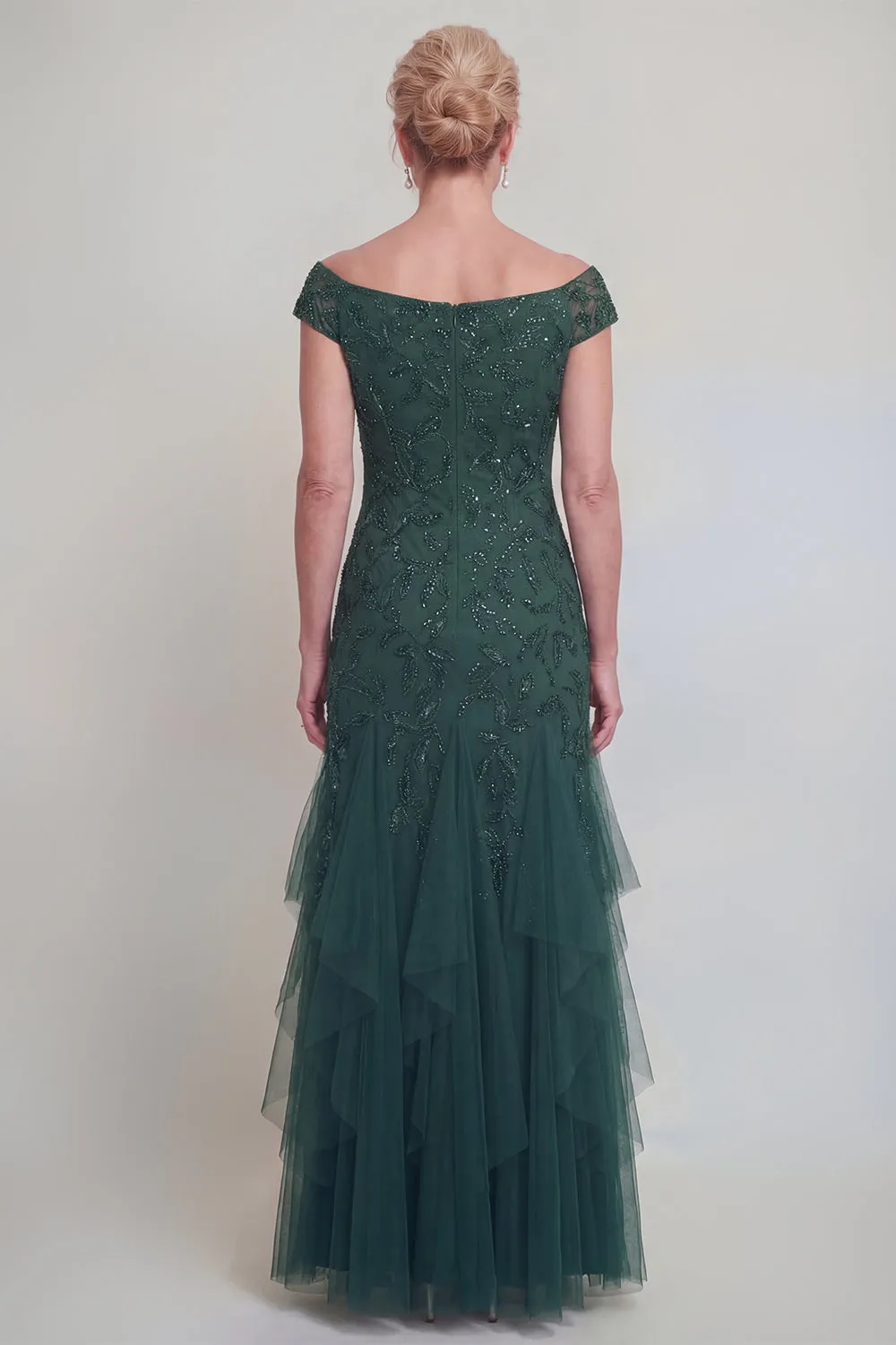Dark Green Tulle Ruffled V-Neck Long Mother of The Bride Dress with Sleeves sold by Zapaka product image thumbnail 2