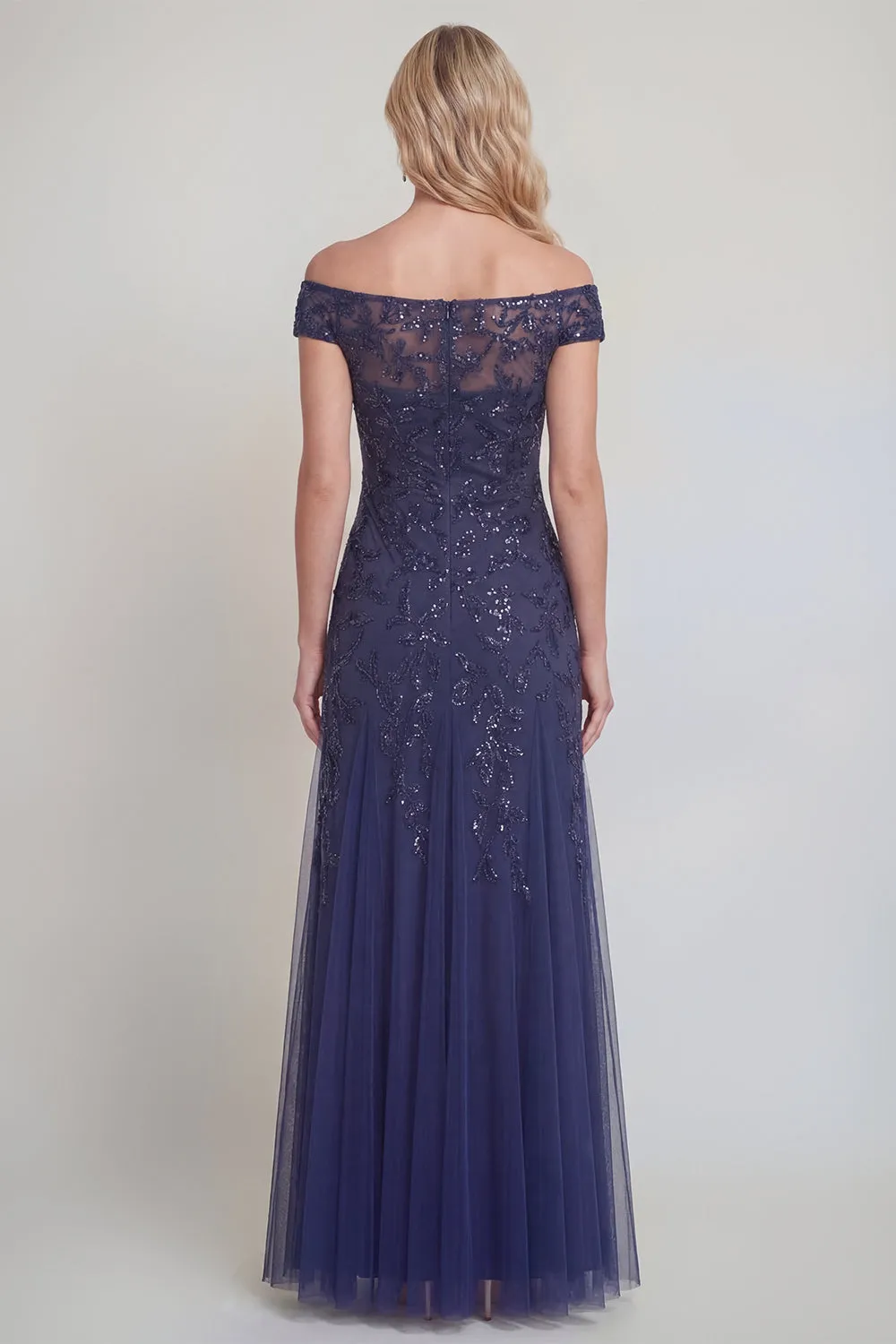 Navy Tulle Floral Sequins Off The Shoulder Long Mother of The Bride Dress sold by Zapaka product image thumbnail 2
