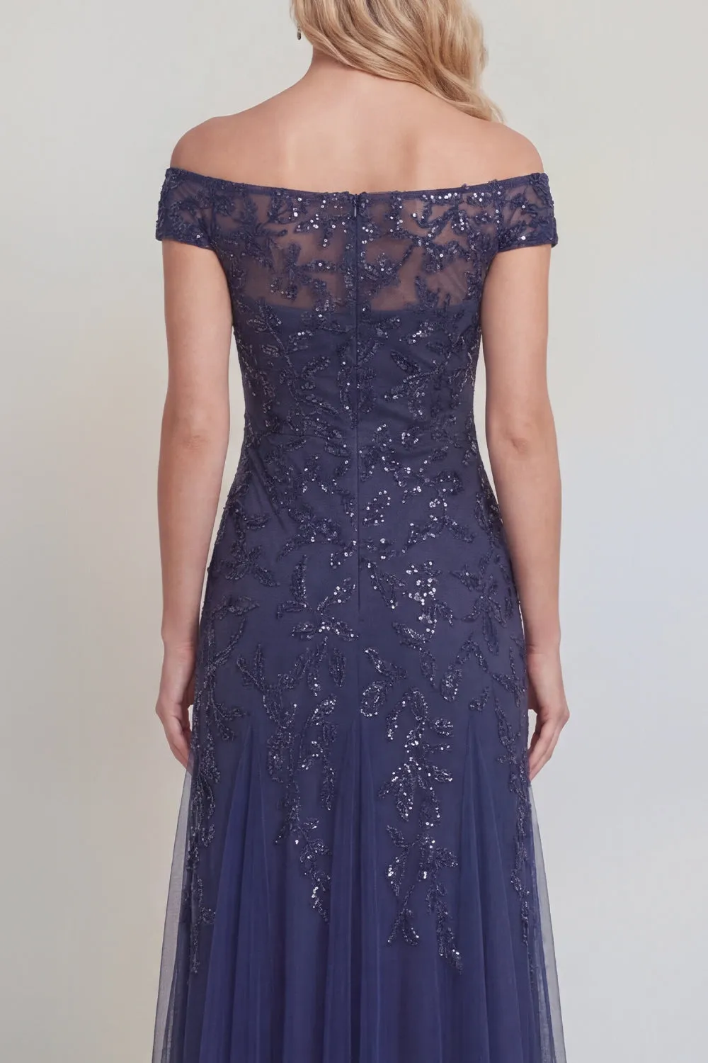 Navy Tulle Floral Sequins Off The Shoulder Long Mother of The Bride Dress sold by Zapaka product image thumbnail 4