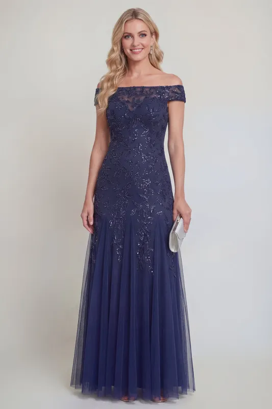 Navy Tulle Floral Sequins Off The Shoulder Long Mother of The Bride Dress made by Zapaka