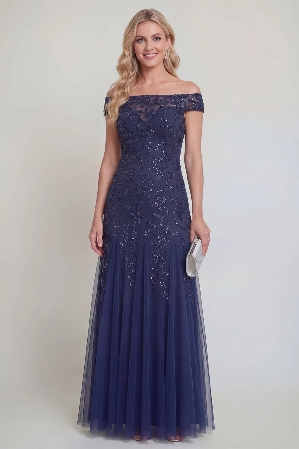 Navy Tulle Floral Sequins Off The Shoulder Long Mother of The Bride Dress sold by Zapaka