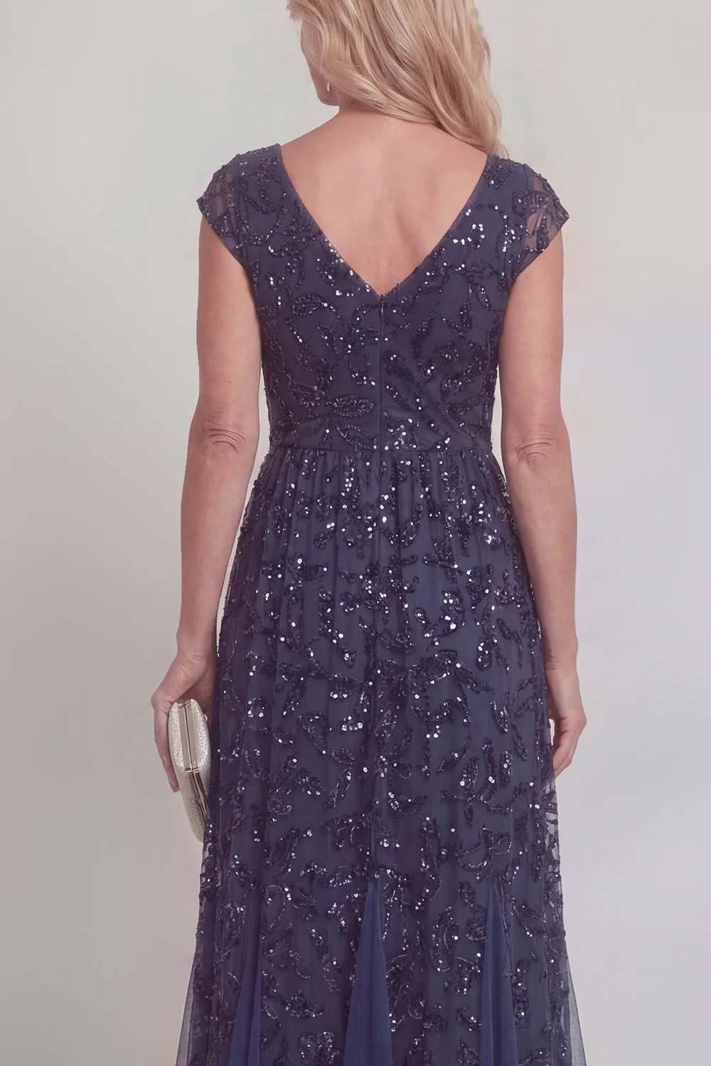 Navy Lace Floral Sequins A Line V-Neck Long Mother of The Bride Dress with Sleeves sold by Zapaka product image thumbnail 4
