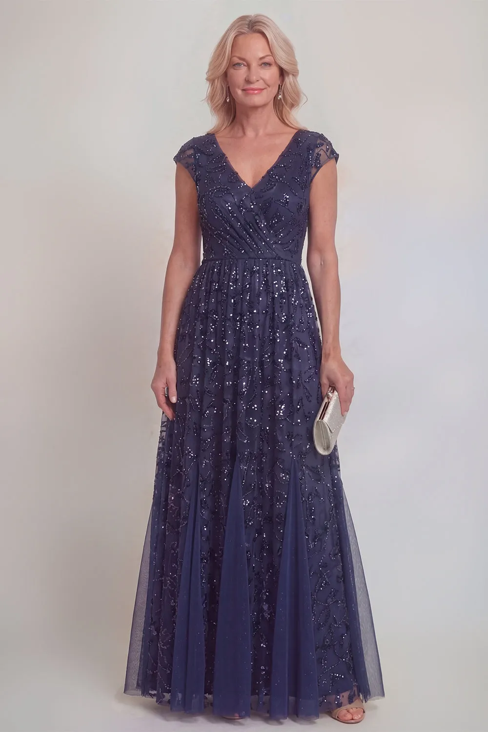 Navy Lace Floral Sequins A Line V-Neck Long Mother of The Bride Dress with Sleeves sold by Zapaka