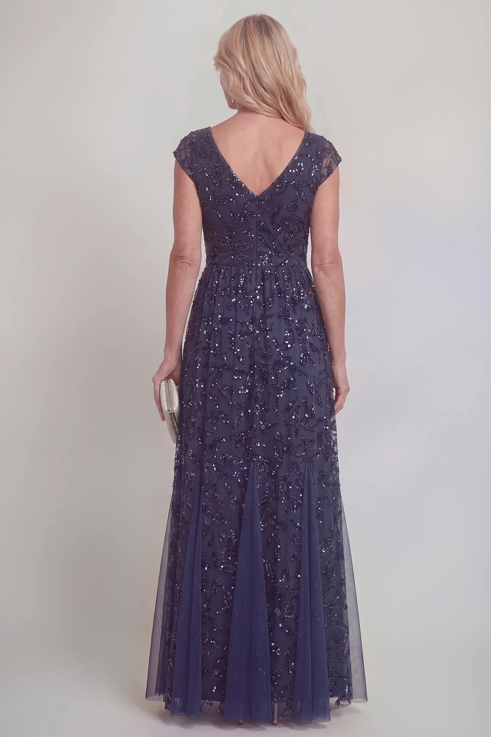 Navy Lace Floral Sequins A Line V-Neck Long Mother of The Bride Dress with Sleeves sold by Zapaka product image thumbnail 2