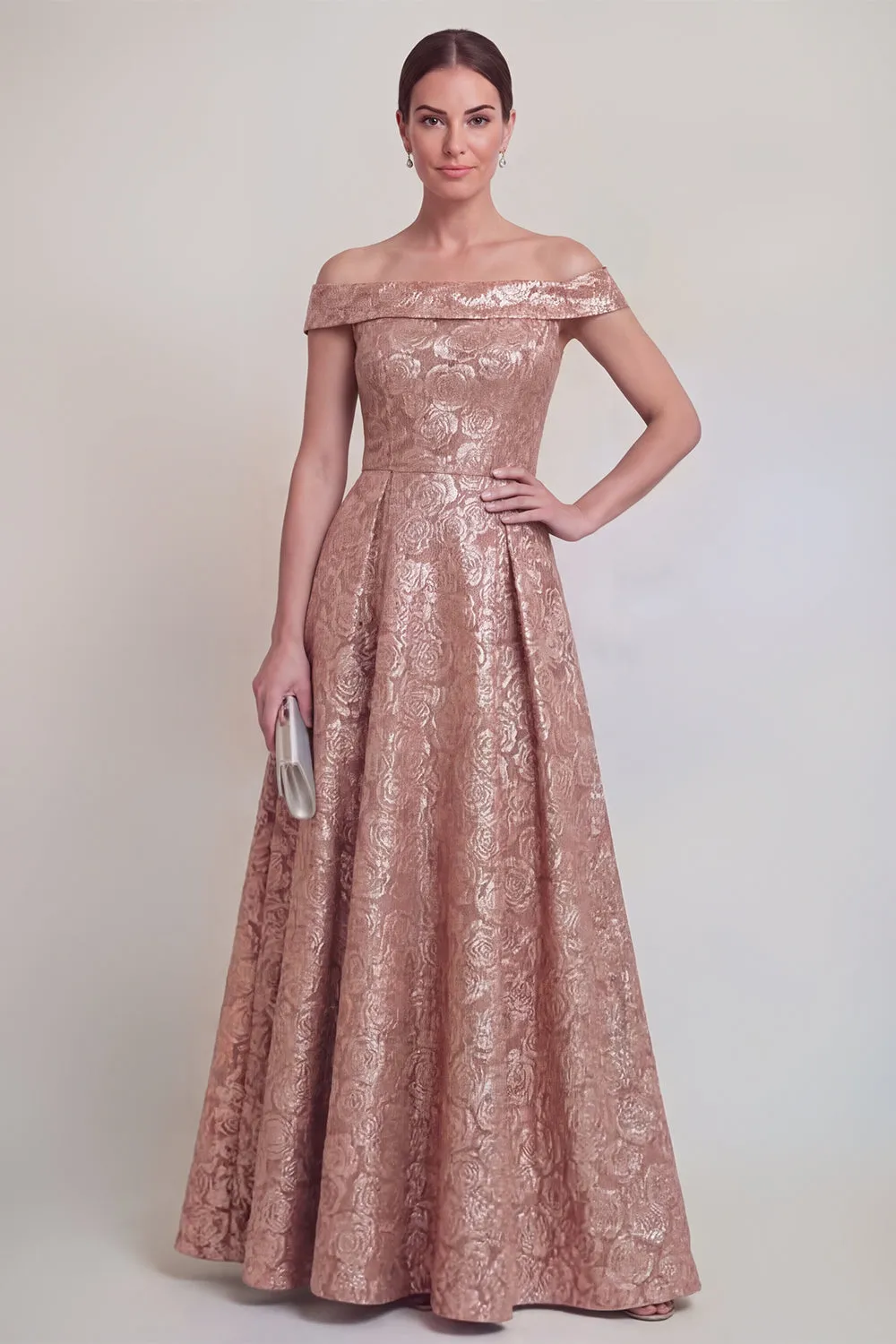 Blush Jacquard Floral Off The Shoulder A Line Long Mother of The Bride Dress sold by Zapaka