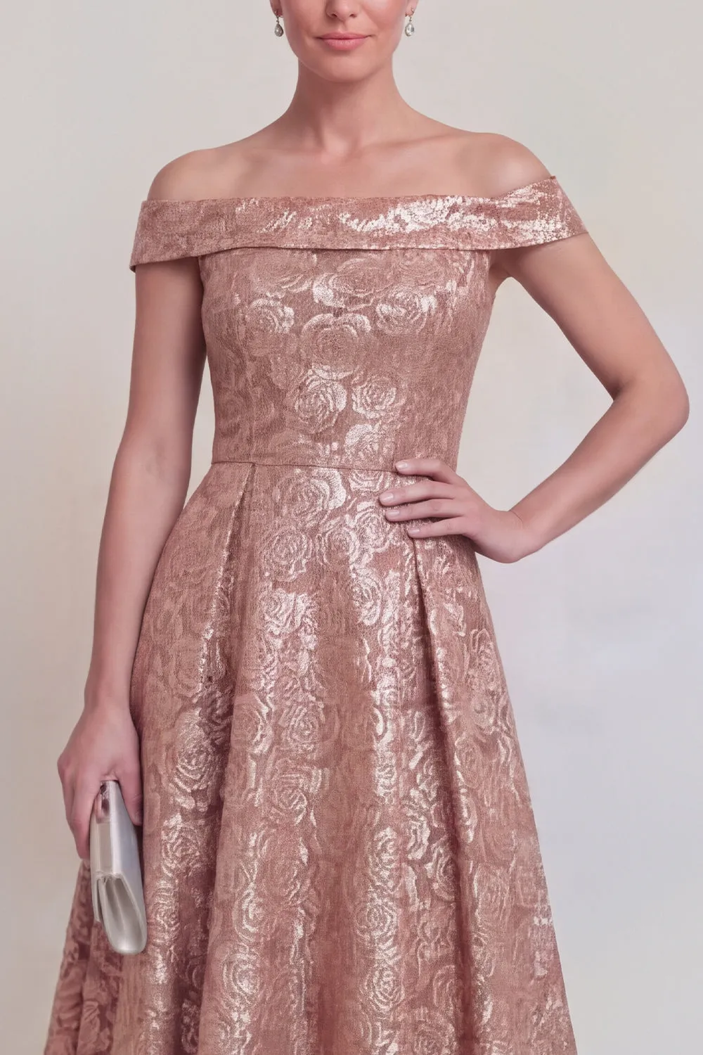 Blush Jacquard Floral Off The Shoulder A Line Long Mother of The Bride Dress sold by Zapaka product image thumbnail 3