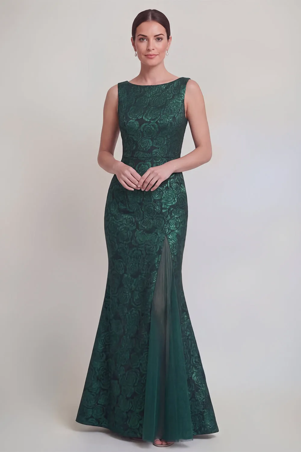 Dark Green Floral Boat Neck Mermaid Long Mother of The Bride Dress with Slit sold by Zapaka