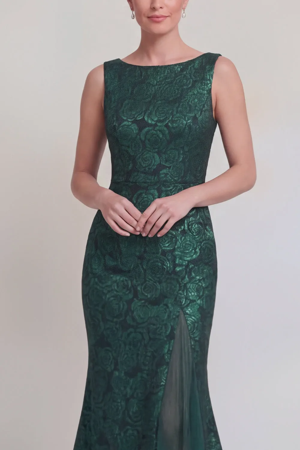Dark Green Floral Boat Neck Mermaid Long Mother of The Bride Dress with Slit sold by Zapaka product image thumbnail 3