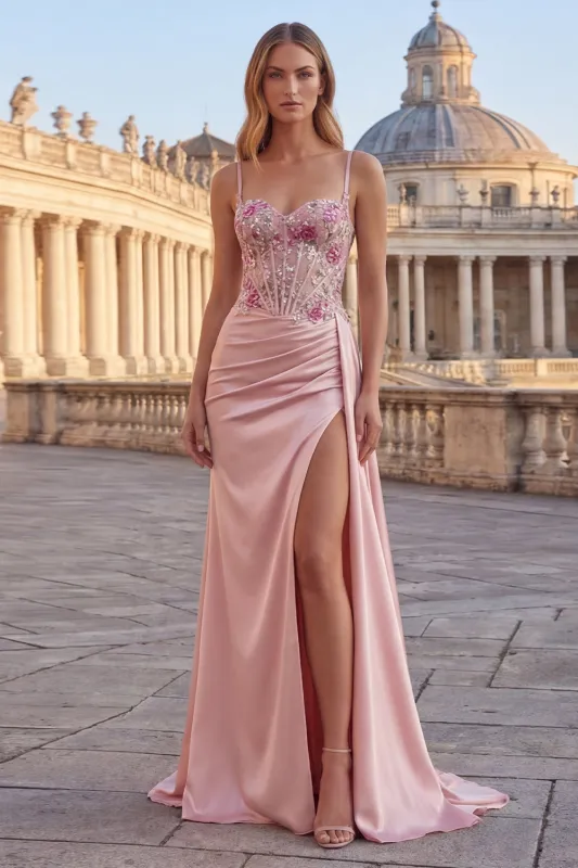 Pink Sheath Floral Ruched Corset Long Prom Dress with Side Cape made by Zapaka