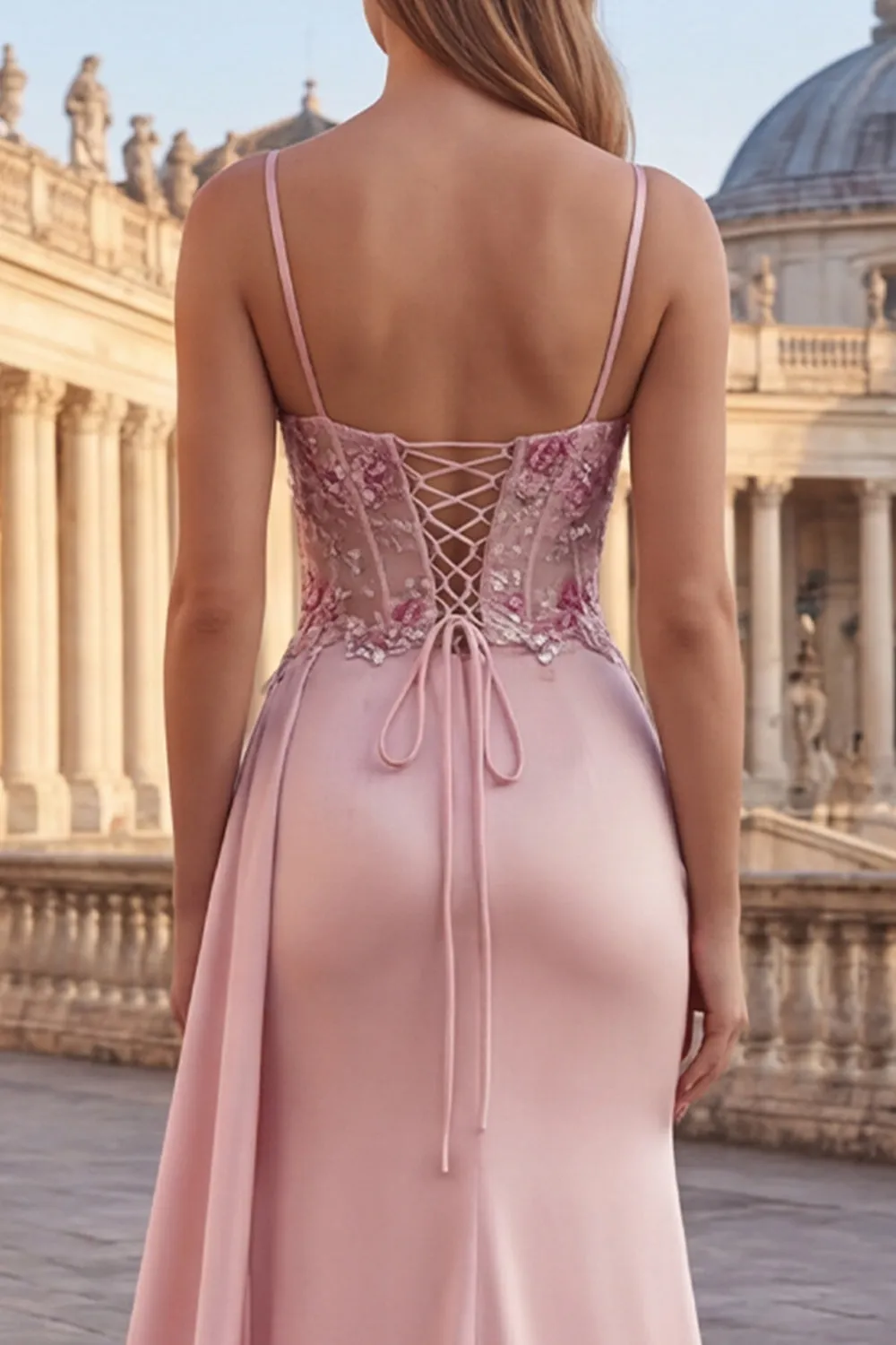 Pink Sheath Floral Ruched Corset Long Prom Dress with Side Cape sold by Zapaka product image thumbnail 5