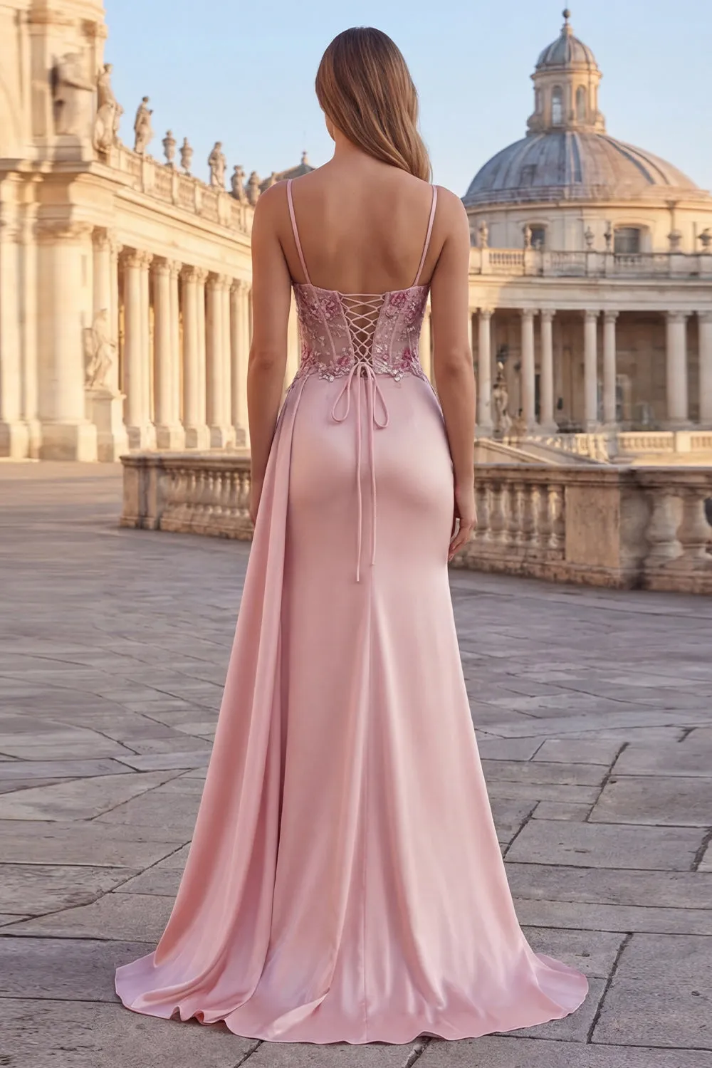 Pink Sheath Floral Ruched Corset Long Prom Dress with Side Cape sold by Zapaka product image thumbnail 2
