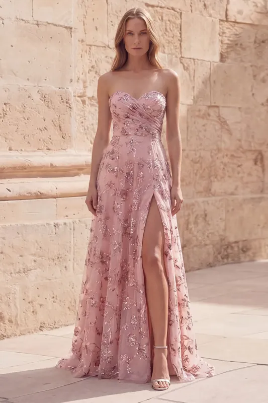 Blush Sequin A Line Strapless Long Prom Dress with Slit made by Zapaka