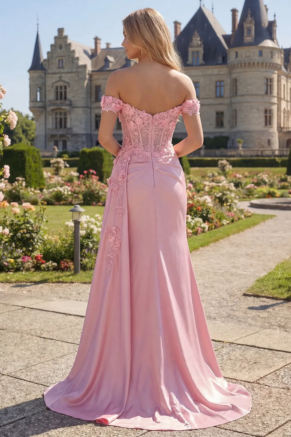 Pink Floral Ruched Mermaid Corset Long Prom Dress with Side Cape sold by Zapaka product image thumbnail 2