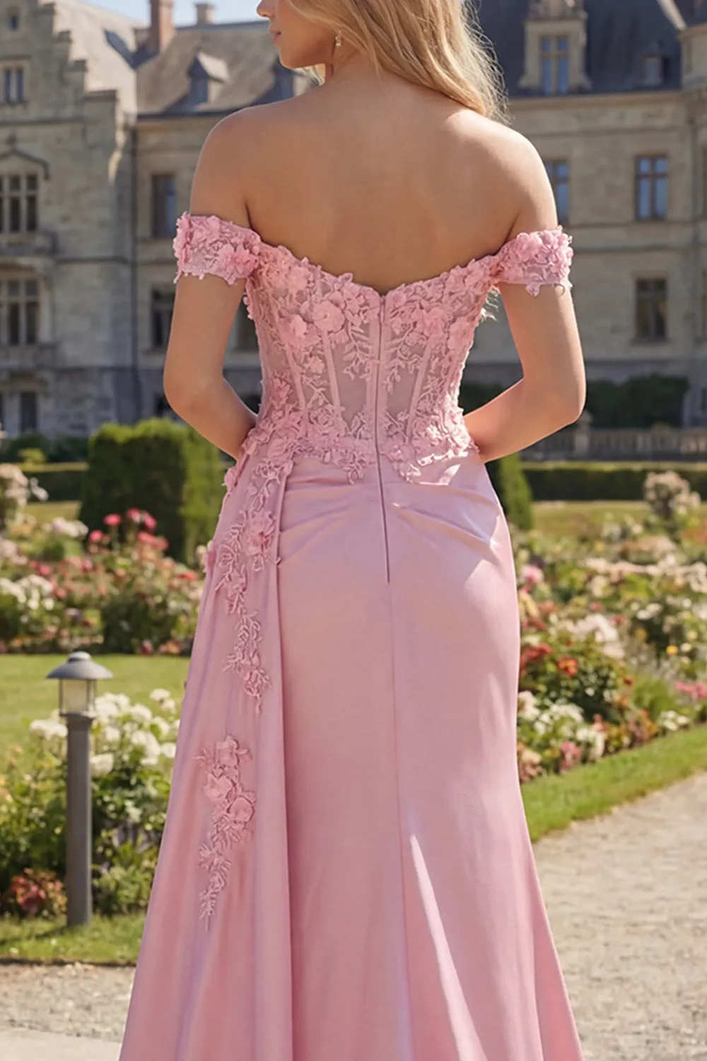 Pink Floral Ruched Mermaid Corset Long Prom Dress with Side Cape sold by Zapaka product image thumbnail 4