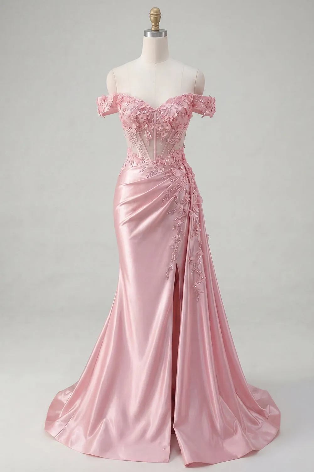 Pink Floral Ruched Mermaid Corset Long Prom Dress with Side Cape sold by Zapaka product image thumbnail 5